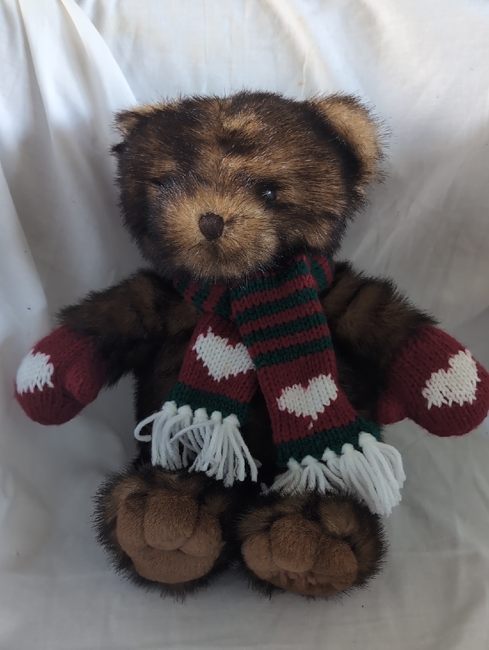 2001 Plush Brown Teddy Bear with Red & Green Heart Knit Scarf and Mittens